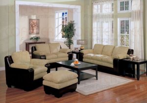 Sofa Set Dabney Microfiber 4 Piece in Beige Microfiber and Dark Brown PU