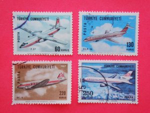 Turkish Postage Stamps 4 airplane in the air subject depicted collectible vintage Stamped