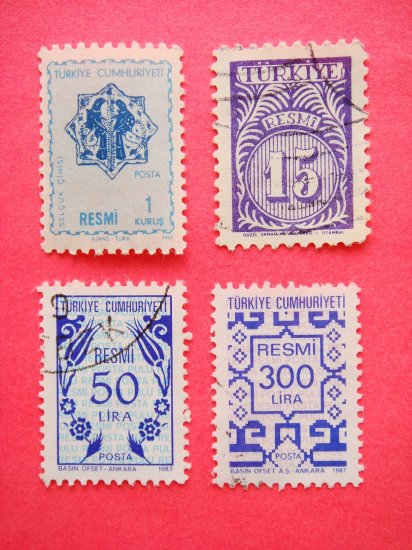 Turkish Government Official Stamps 4 in different styles collectible vintage Stamped