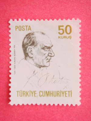50 kurus Turkish Postage Stamp in white with Mustafa Kemal Ataturk on it