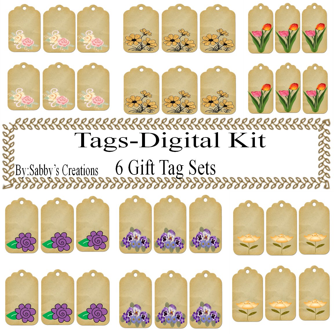 Flower Gift Tag Digital Kit 3-Jewelry Tag-Clipart-Art Clip-Gift Tag-Holiday
