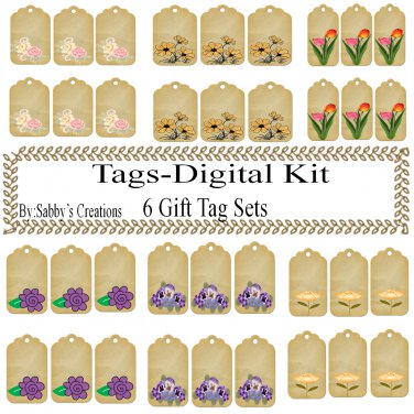 Flower Gift Tag Digital Kit 3-Jewelry Tag-Clipart-Art Clip-Gift Tag-Holiday