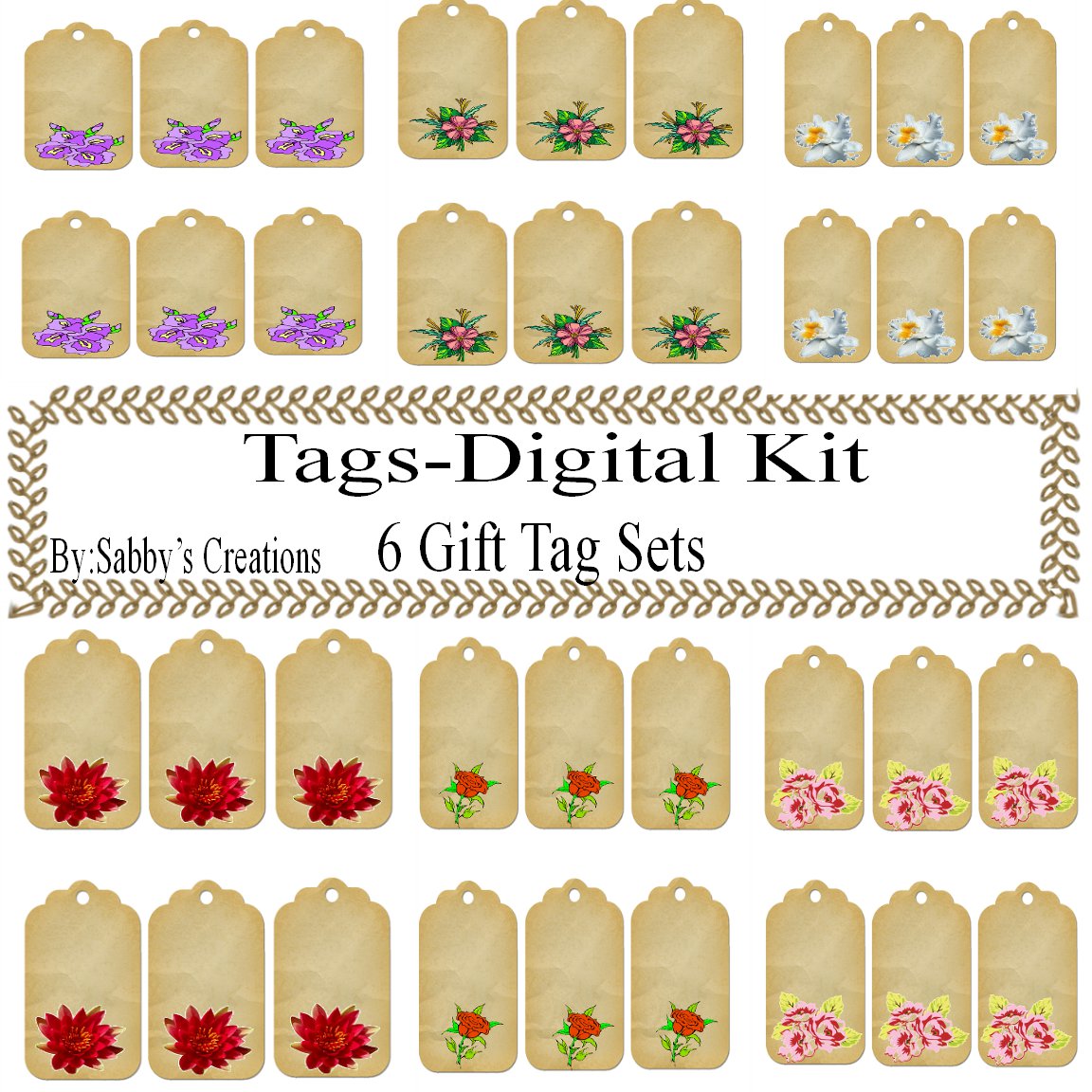 Flower Gift Tag Digital Kit 2-Jewelry Tag-Clipart-Art Clip-Gift Tag-Holiday