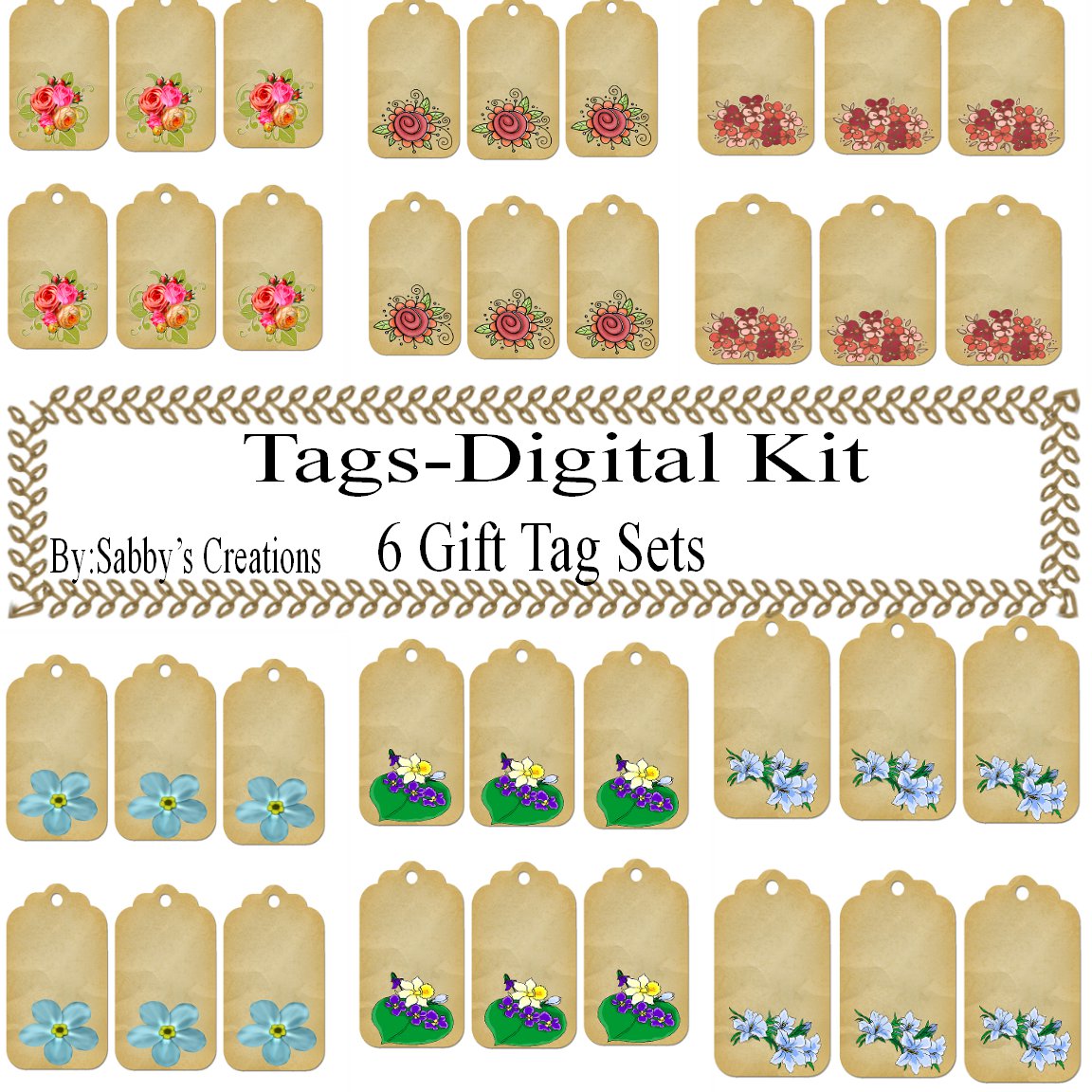 Flower Gift Tag Digital Kit-Jewelry Tag-Clipart-Art Clip-Gift Tag-Holiday