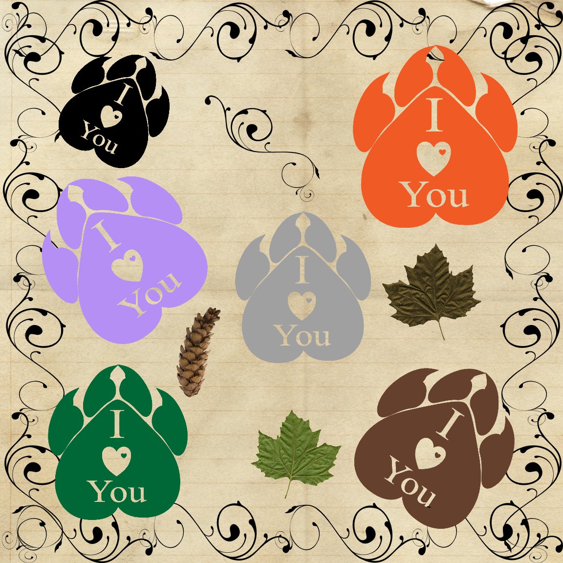 Color Paws I Love You-Digital Clipart-Art Clip-Gift Cards-Banner-Gift Tag