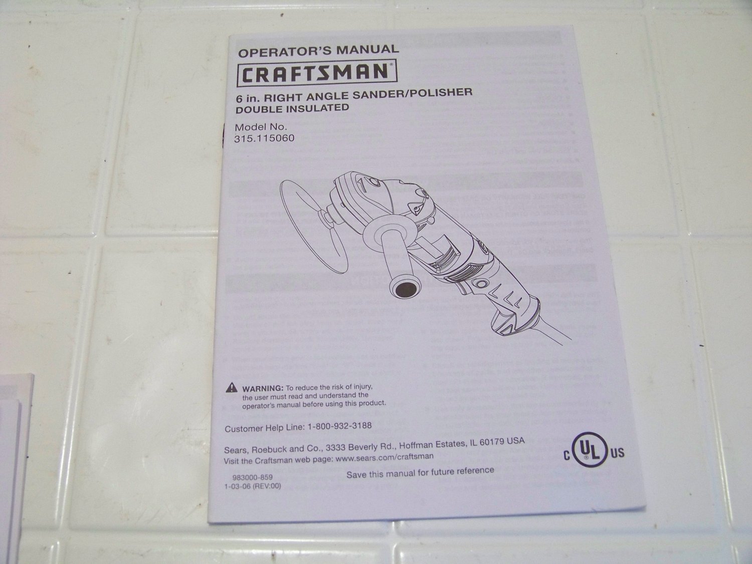 Craftsman operators manual 6 inch right angle sander polisher double