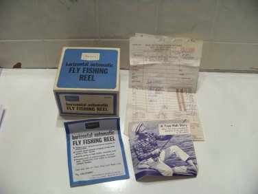vintage Sears horizontal automatic fly fishing box and paperwork