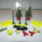 TRAIN scenery trees fence chickens cow birds lamp post