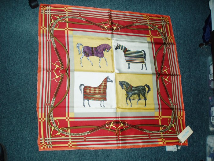 Italian silk scarf--horses in blankets; equestrian/horse tack theme