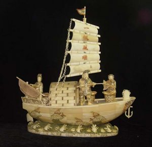 Nice Old Bone Art Carving Two Fisher By sail boat