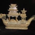 Nice Old Bone Art Handcarft Carving Dragon Ship 31"
