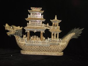 Nice Old Bone Art Handcarft Carving Dragon Ship 31"