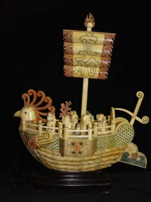 Nice Old Bone Art Handcarft God Phoenxi Sailing boat