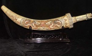 Nice Old Bone Art Handicraft Double Dragon Play Sun Sword