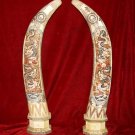 Nice Old Bone Art Handicraft Two Dragon Play Sun Design Pair Tooth