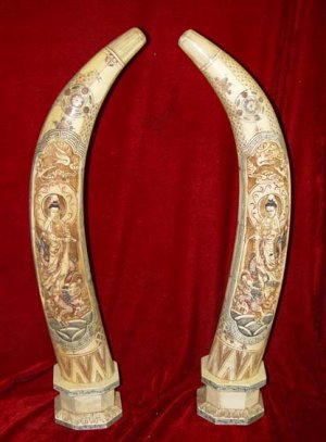 Nice Old Bone Art Handicraft Kwan-yin Ride Dragon Pair Tooth