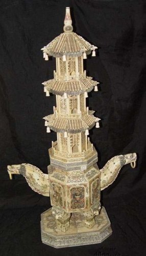 Old Bone Art Dragon Figure Handle Nice Carving Tower 37"