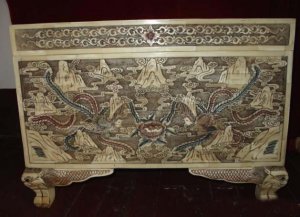 Exquisite Bone Art Handicraft Carving Double Phoenix Play Flower Chest