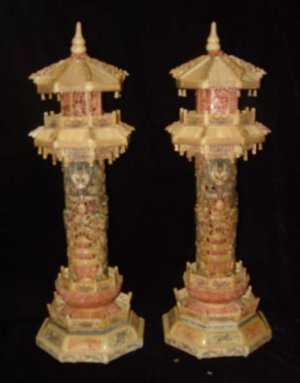 Exquisite Bone Art Handicraft Carving Pair Dragon Tower