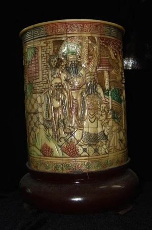 Exquisite Bone Art Handicraft Carving Fu Lu Shou Pen Vase
