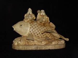 Exquisite Bone Art Handicraft Two Wealth God Ride Fish Figure