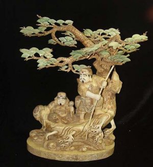 Exquisite Bone Art Handicraft Two Wealth God By Tree Ship Figure