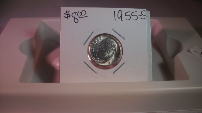 1955-S Roosevelt Dime, GEM BU, Mint Luster.