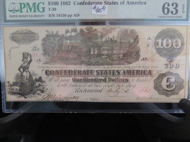 $100 Confederate States Of America, Currency. T-39. RARE GRADE. PMG-63 EPQ.