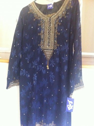 Designer Indian/Pakistani 3 PCS. Embroidered Formal Suit, Navy Blue