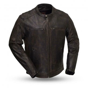 First Manufacturing Men's Leather Jacket FIM253SDC, Hipster, Distressed Black