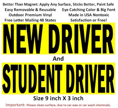 2 NEW DRIVER + Student Driver bumper stickers for novice drivers, big text and removable back glue