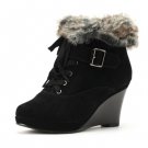 Fur at Openning lace-up platform shoe ankle boot in black