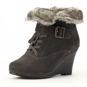 Fur at Openning lace-up platform shoe ankle boot in grey