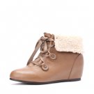Fur at Openning lace-up platform shoe ankle boot in grey