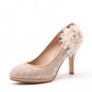 Lace Flower with Pearl Diamond Decoration High Heel shoe in Beige