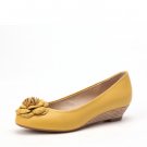 3D Petal Decoration Upper Kidskin Round Toe Wedge Heel Shoe in Yellow