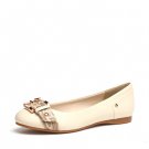 Snake-Print Metal Button Round Toe Flat  Lady Shoe in White