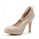hollow pattern beef leather high heel sling back shoe in beige