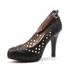 hollow pattern beef leather high heel sling back shoe in black