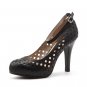 hollow pattern beef leather high heel sling back shoe in black