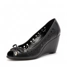 hollow pattern butterfly decoration peep-toe wedge shoe in black