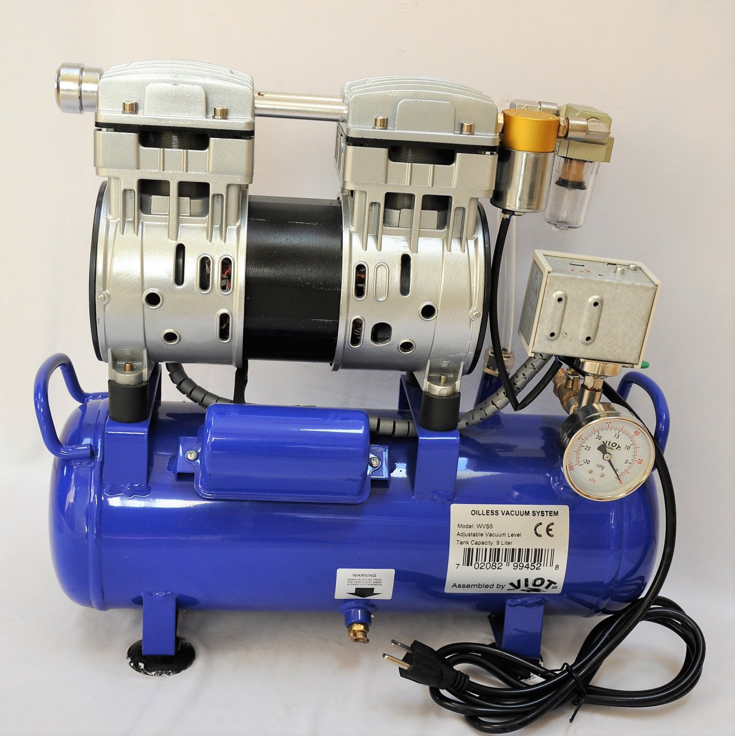Vacuum Pump, Industrial Oil-Free Piston Vacuum Pump With Filter, 110V 370W Oilless High Flow Vacuum Inflation Pumps 1400RPM 8Bar Double Cylinder
