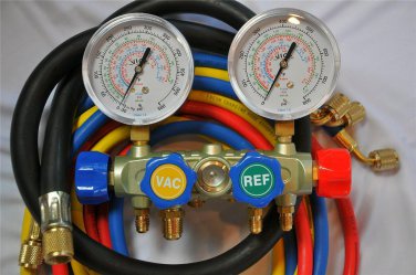 New:4-Way Manifold Gauge+4-Hose Set R410a R22+Professional HVAC/R Service Tool