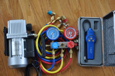HVAC Tool Kit:Rotary Vacuum Pump+Manifold Gauge+Hose+Leak Detector+R134a Coupler