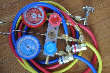 HVAC Kit:Manifold Gauge+5ft Hose Set R22+Car Quick Snap-on Coupler+R134a Can Tap