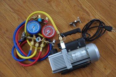 HVAC Tool Kit:2Stage Rotary Vacuum Pump+Manifold Gauge Set+Car Coupler R134a Tap