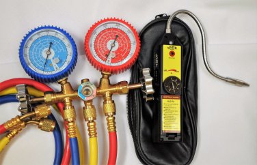 HVAC Tool Kit:Halogen Refrigerant Leak Detector+Manifold Gauge HVAC R22 R134a +