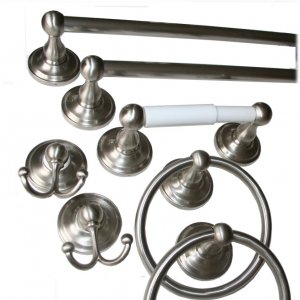 Satin Nickel 7-Piece Bath Accessory Set: 18" Towel Bar, 7" Towel Ring, Paper Holder, Robe Hook