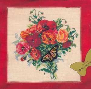 RARE SUMMER FLORAL WILD POPPIES & BUTTERFLY NEEDLEPOINT PILLOW PICTURE KIT