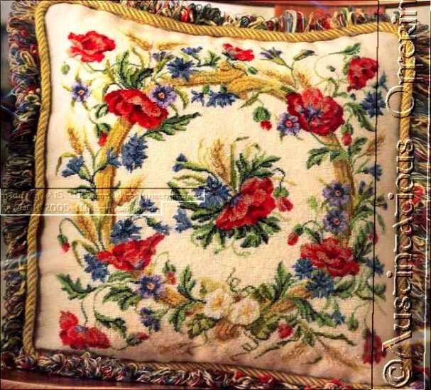 Victorian Floral Needlepoint Pillow Kit Poppies Wreath